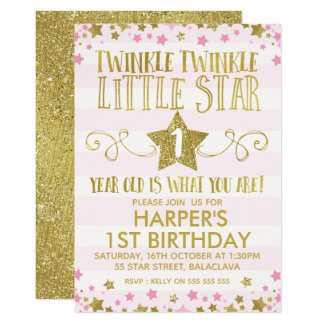 Girl's Twinkle Little Star 1st Birthday Invitation