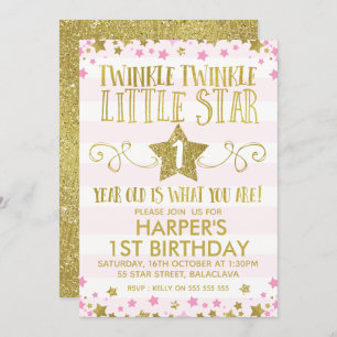 Girl's Twinkle Little Star 1st Birthday Invitation