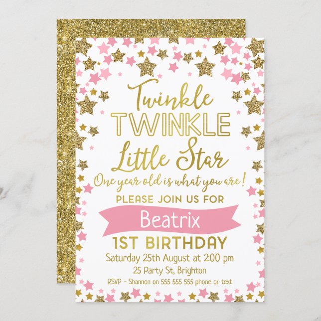 Girls Twinkle Little Star Birthday Invitation (Front/Back)