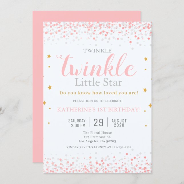 Girls Twinkle Little Star Pink & Gold 1st Birthday Invitation (Front/Back)