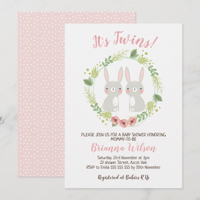 Girls Twins Bunny Baby Shower Invitation (Front/Back)