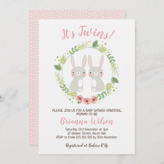 Girls Twins Bunny Baby Shower Invitation (Front/Back)