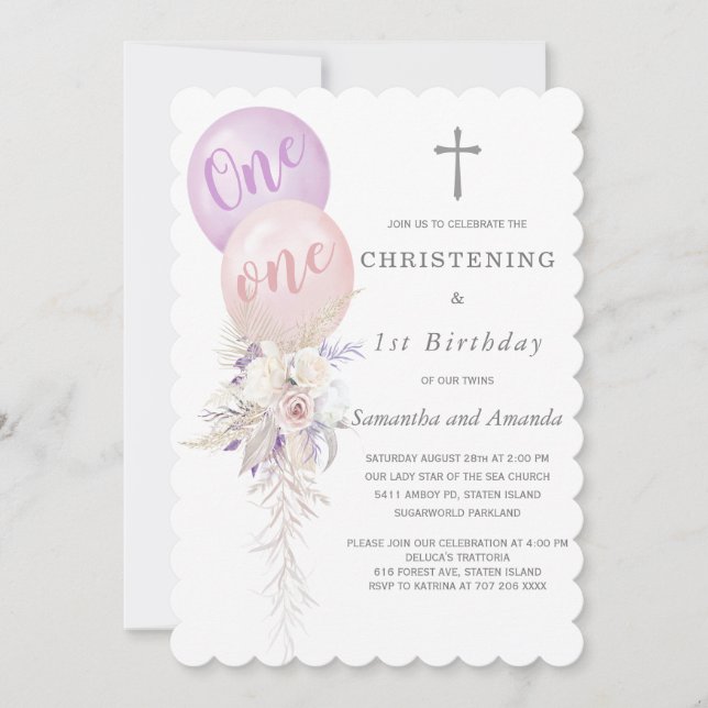 Girls Twins Christening and First Birthday Invitation (Front)
