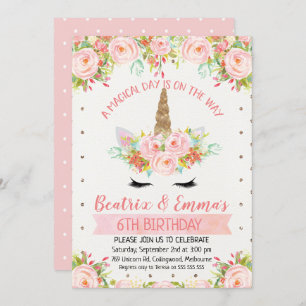 Girls Twins Or Joint Unicorn Birthday Invitation
