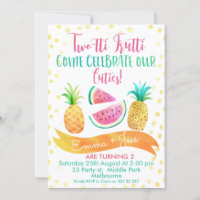 Girls Twins Two-tti Frutti 2nd Birthday Invitation