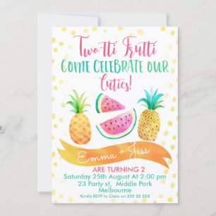 Girls Twins Two-tti Frutti 2nd Birthday Invitation
