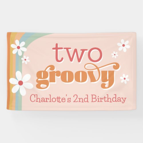 Girls Two Groovy Retro Daisies 2nd Birthday Banner