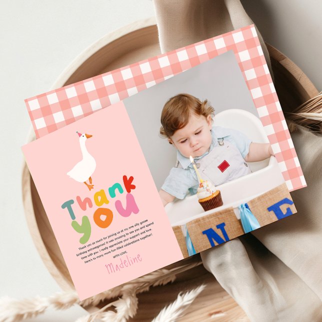 Girls Two Silly Goose 2nd Birthday Photo Thank You Card (Creator Uploaded)