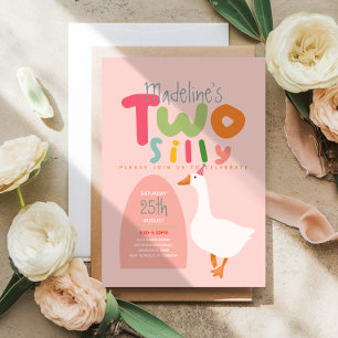 Girls Two Silly Goose Pink First Birthday Invitation