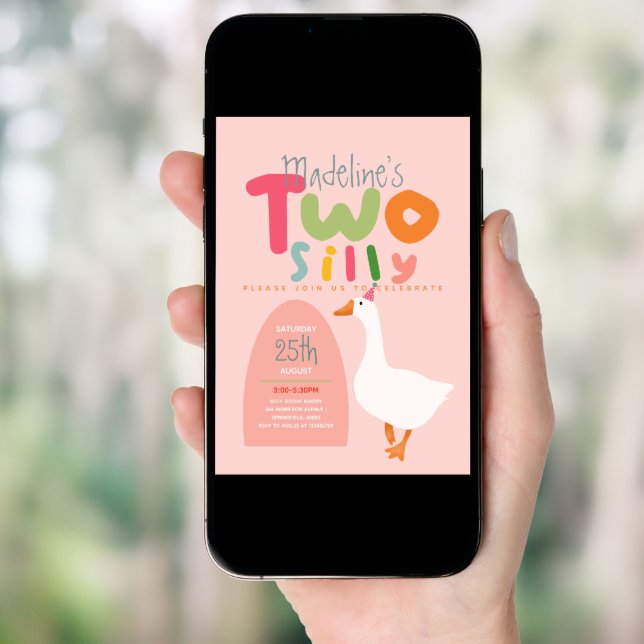 Girls Two Silly Goose Pink First Birthday Invitation (Front Digital)