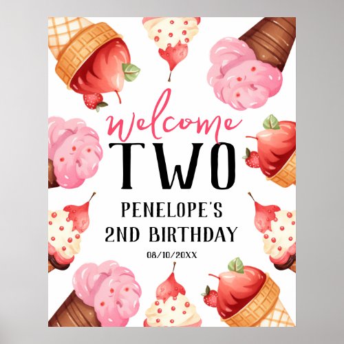 Girls Two Sweet Ice Cream 2nd Birthday Welcome  Poster