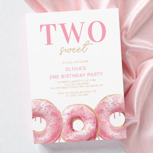Girls Two Sweet Pink Donut 2nd Birthday Party Invitation