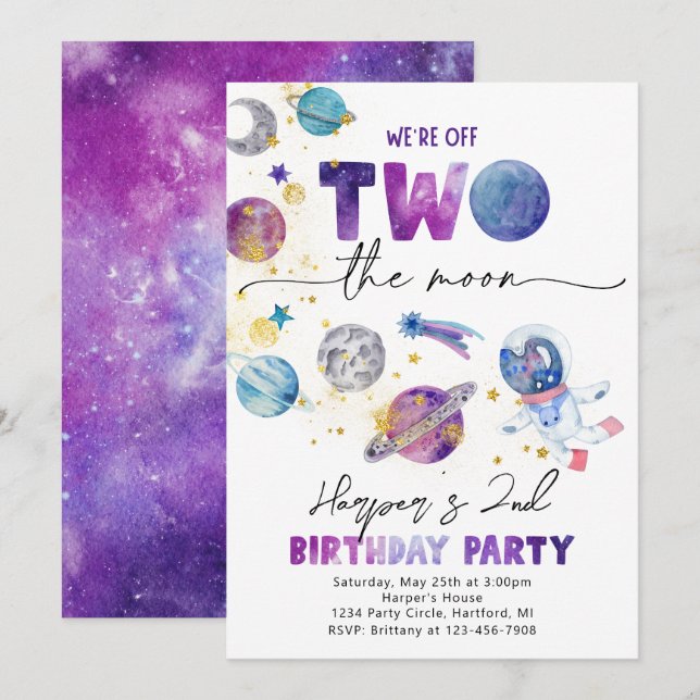 Girl's TWO the Moon Invitation | Space Invitation (Front/Back)