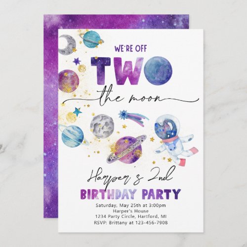 Girls TWO the Moon Invitation  Space Invitation