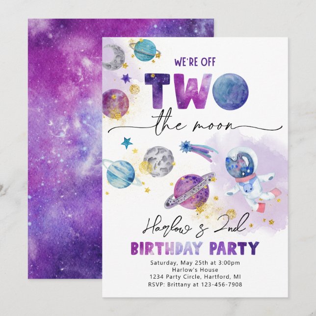 Girl's TWO the Moon Invitation | Space Invitation (Front/Back)