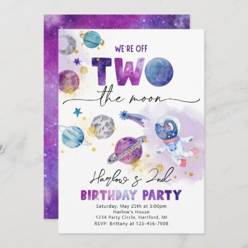 Girls TWO the Moon Invitation  Space Invitation