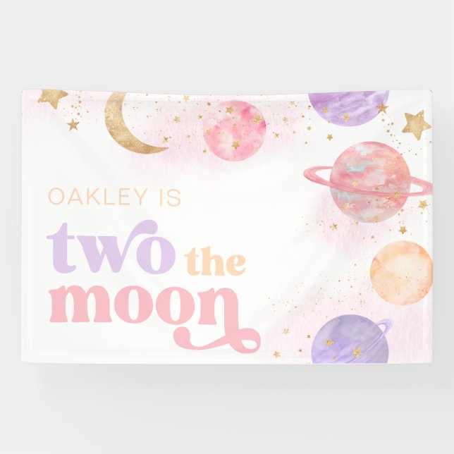 Girl's Two the Moon Space Party Banner (Horizontal)