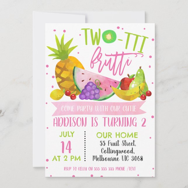 Girls two-tti frutti birthday party invitation (Front)