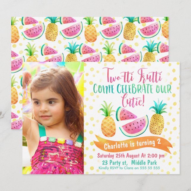Girls Two-tti Frutti Photo 2nd Birthday Invitation (Front/Back)