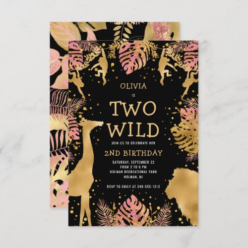 Girls Two Wild 2nd Birthday Pink Black Safari Invitation