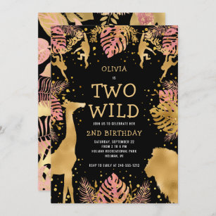 Girls Two Wild 2nd Birthday Pink Black Safari Invitation