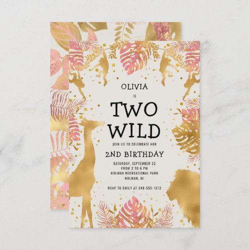 Girls Two Wild 2nd Birthday Pink Ecru Safari Invitation