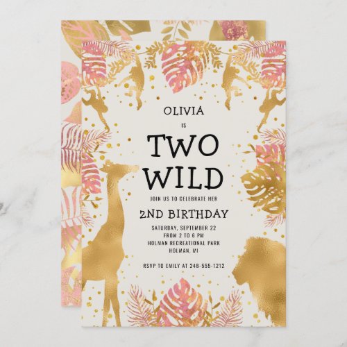 Girls Two Wild 2nd Birthday Pink Ecru Safari Invitation