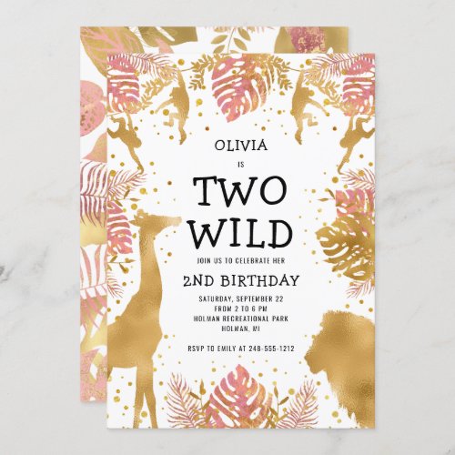 Girls Two Wild 2nd Birthday Pink Gold Safari Invitation