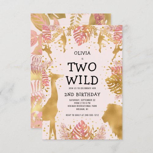Girls Two Wild 2nd Birthday Pink Jungle Safari Invitation