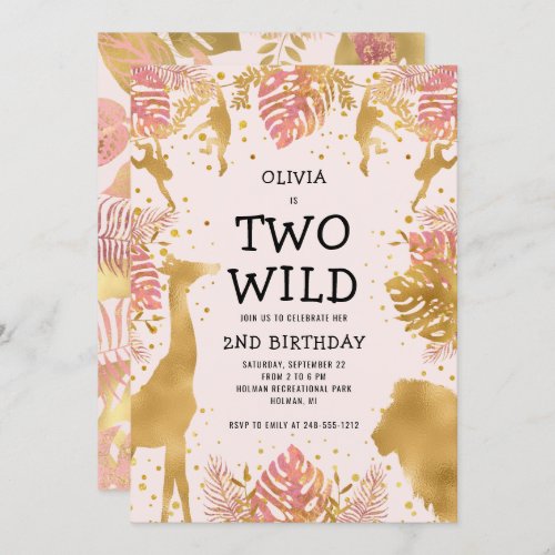 Girls Two Wild 2nd Birthday Pink Jungle Safari Invitation