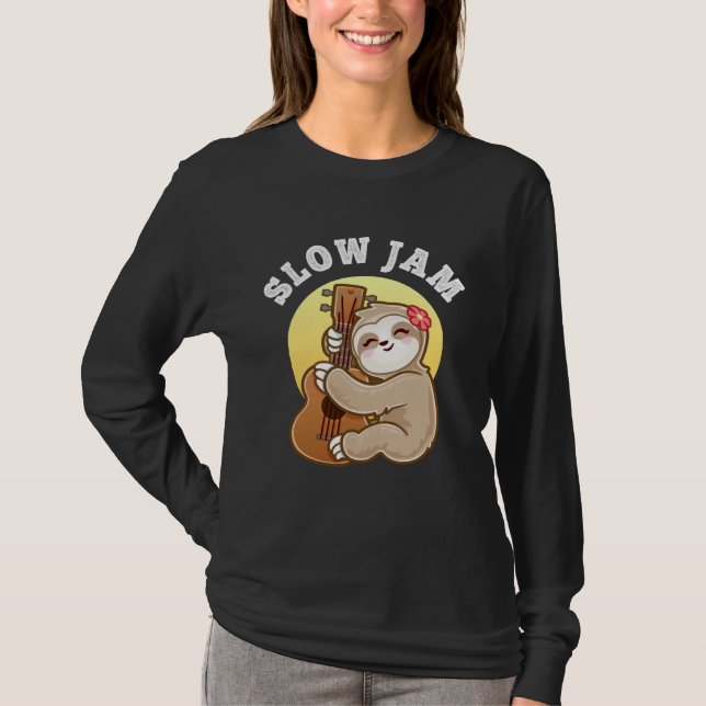 Girls Ukulele Uke Guitar Slow Jam Cute Sloth T-Shirt (Front)