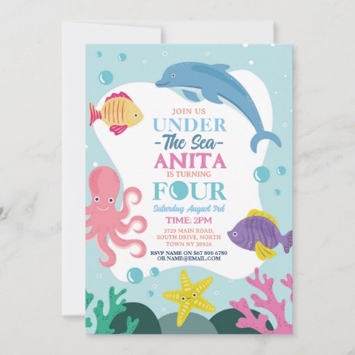 Girls Under The Sea Four Ocean Dolphin Octopus 4th Invitation