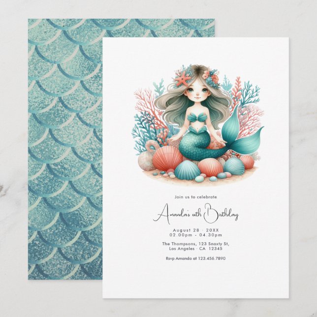 Girls Under the Sea Mermaid Birthday Party Invitation (Front/Back)