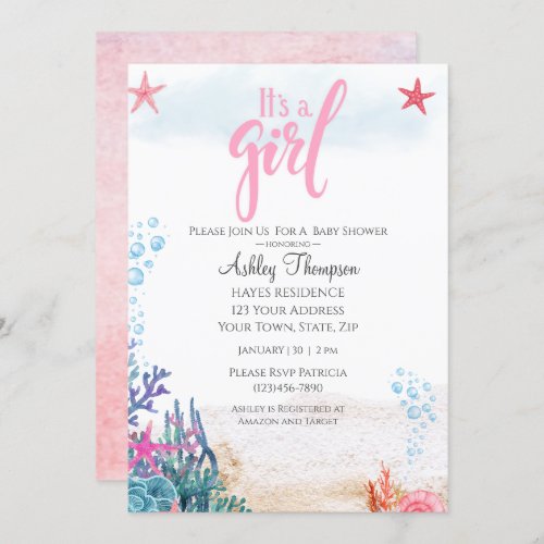 Girls Under the Sea Watercolor Baby Shower   Invitation