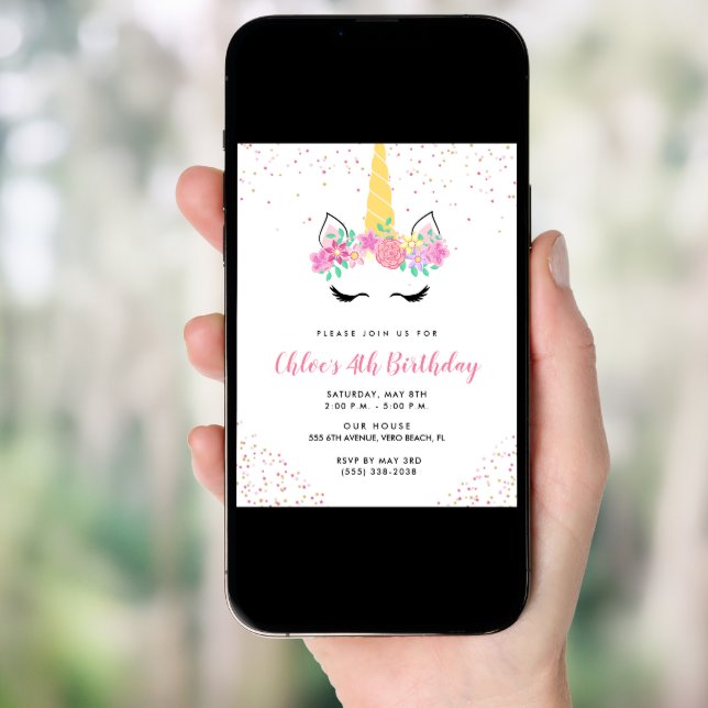 Girl's Unicorn 4th Birthday Party Invitation (Front Digital)