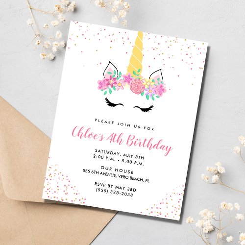 Girls Unicorn 4th Birthday Party Invitation