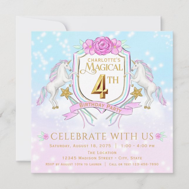 Girls Unicorn 4th Birthday Party Invitations (Front)