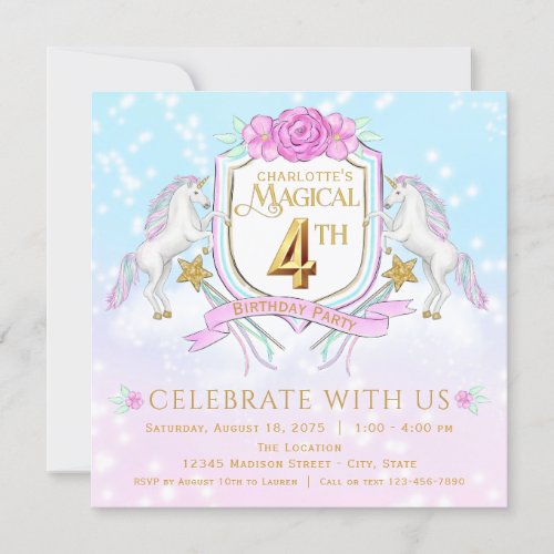 Girls Unicorn 4th Birthday Party Invitations