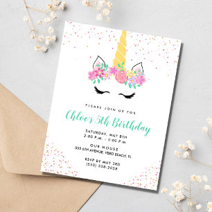 Girl's Unicorn 5th Birthday Party Invitation