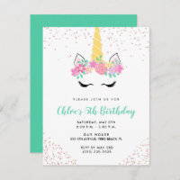 Girl's Unicorn 5th Birthday Party Invitation