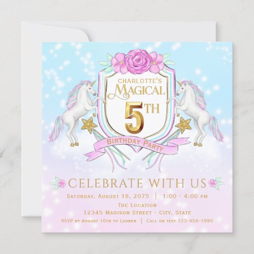 Girls Unicorn 5th Birthday Party Invitations