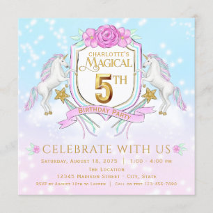 Girls Unicorn 5th Birthday Party Invitations