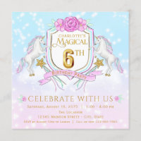 Girls Unicorn 6th Birthday Party Invitations