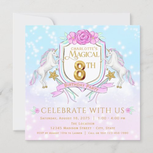 Girls Unicorn 8th Birthday Party Invitations