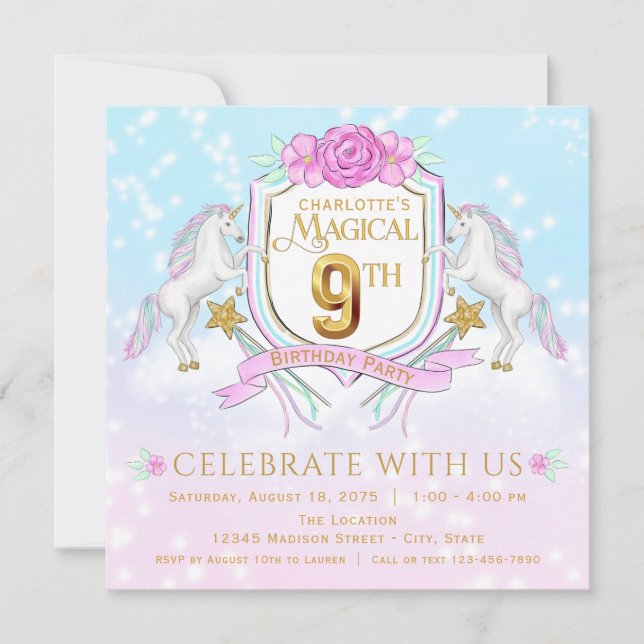 Girls Unicorn 9th Birthday Party Invitations (Front)