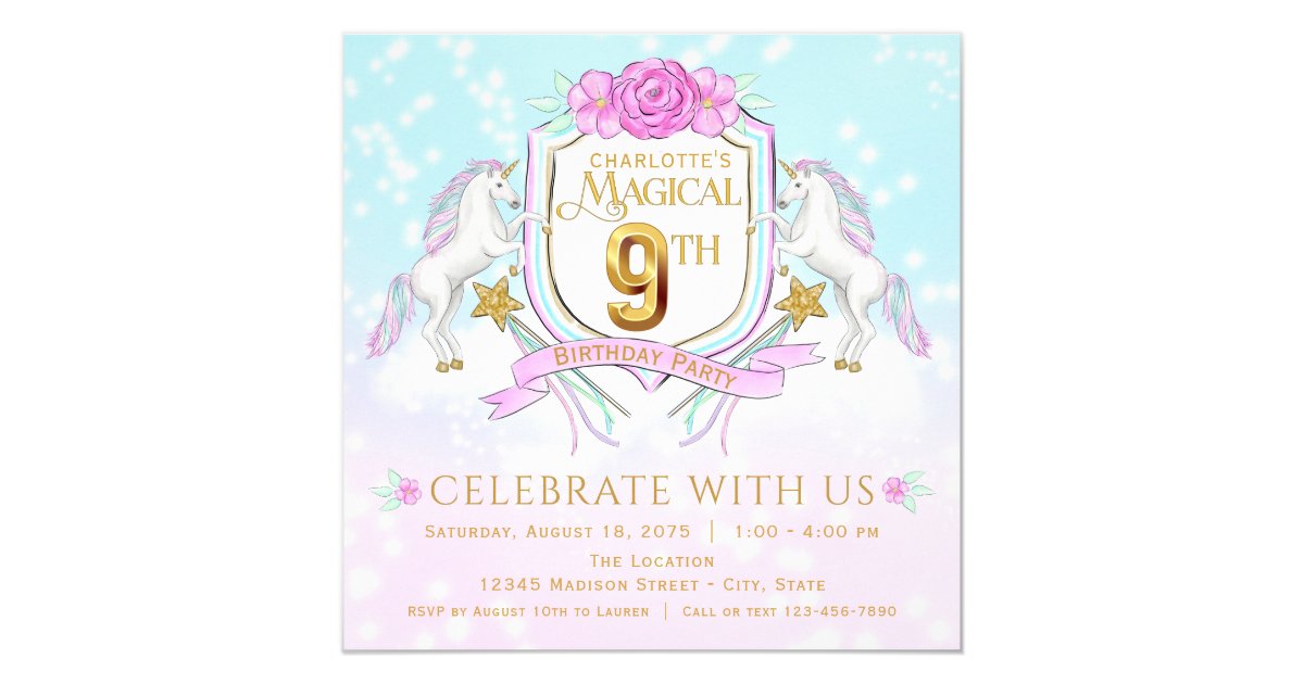 Girls Unicorn 9th Birthday Party Invitations Zazzle Com