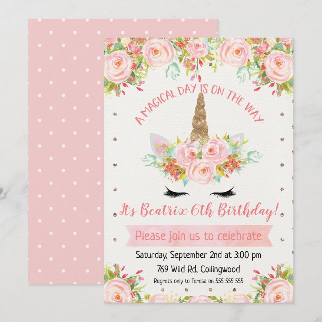 Girls Unicorn Birthday Invitation (Front/Back)