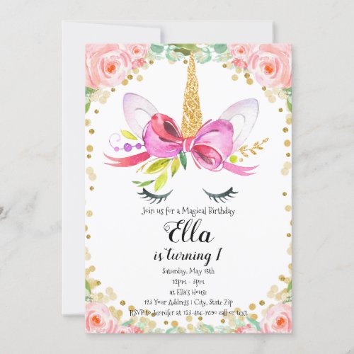 Girls Unicorn Birthday Invitation Pink Floral Gold