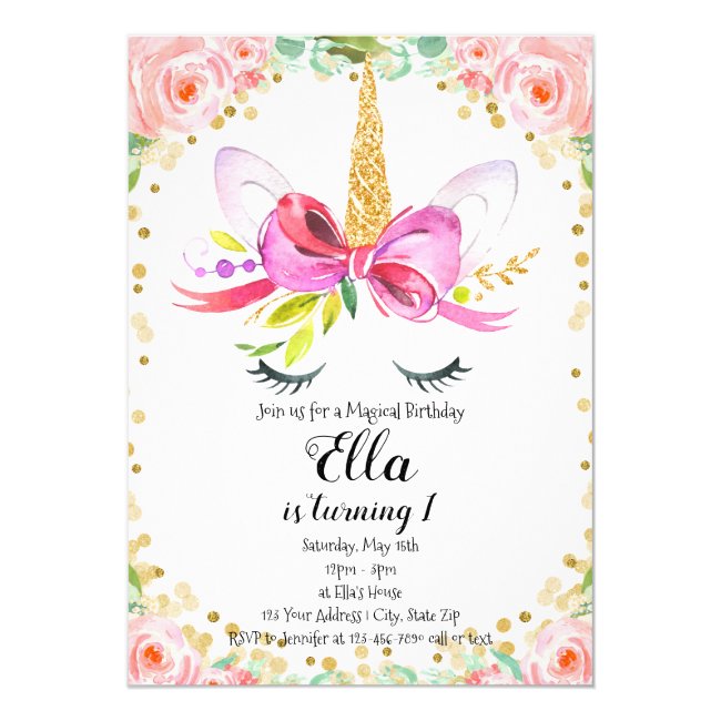 Girls Unicorn Birthday Invitation Pink Floral Gold