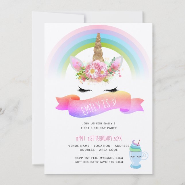 Girls Unicorn Birthday Invites - Pink Purple Gold (Front)